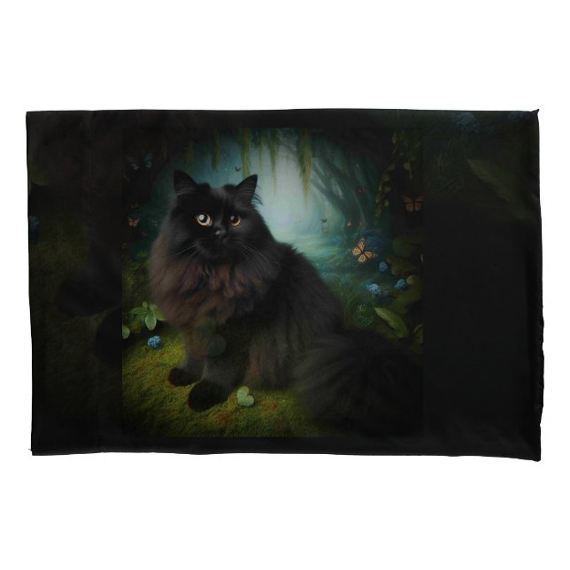 Fluffy Black Cat in Misty Woods Pillowcase (Front)