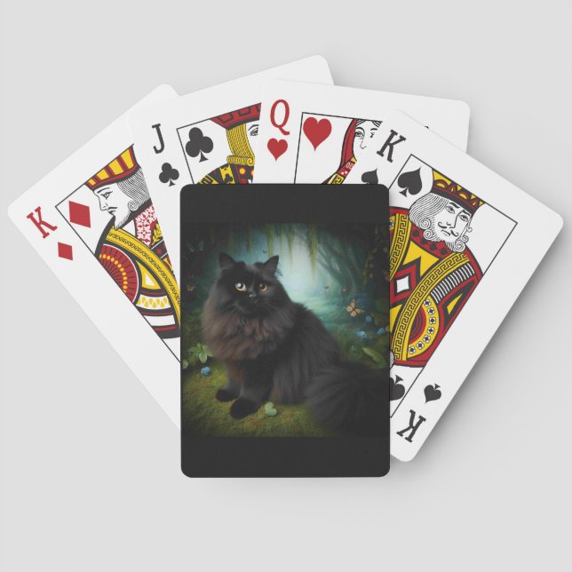 Fluffy Black Cat in Misty Woods Playing Cards (Back)