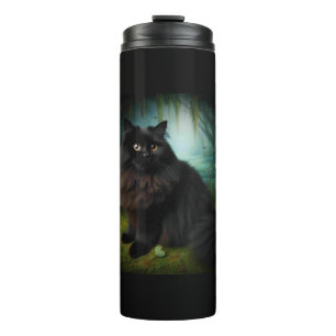 Fluffy Black Cat in Misty Woods Thermal Tumbler