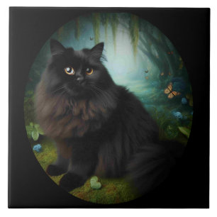 Fluffy Black Cat in Misty Woods Tile