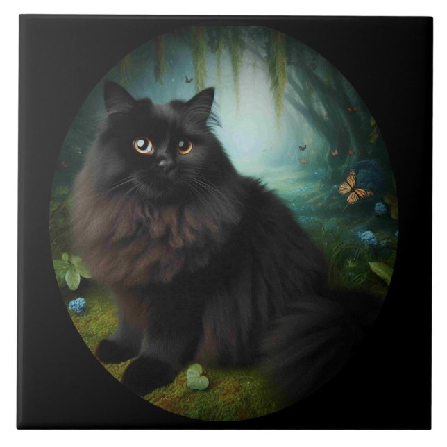 Fluffy Black Cat in Misty Woods Tile (Front)