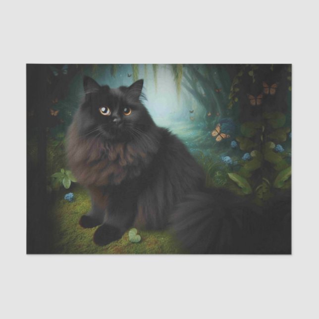 Fluffy Black Cat in Misty Woods Tissue Paper (Front)