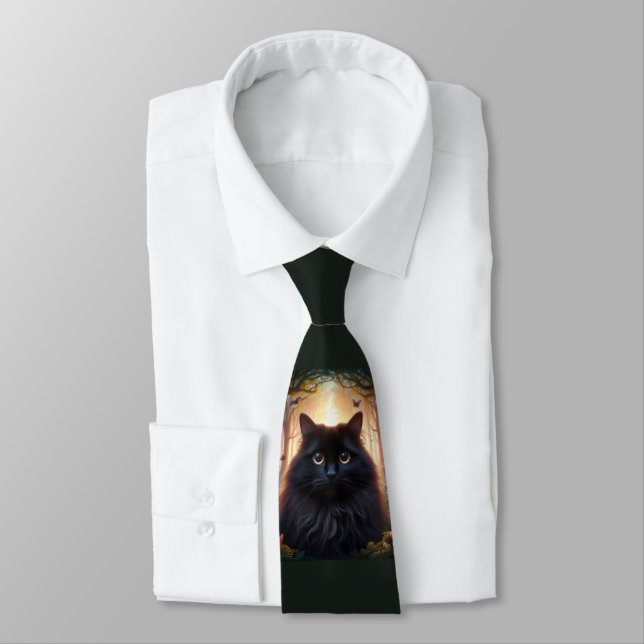Fluffy Black Cat with Gold Eyes Dark Green Tie (Tied)