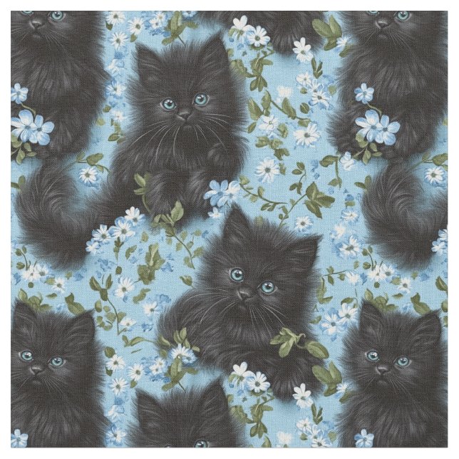 Fluffy Black Kittens & Flowers Seamless Pattern Fabric (Close Up)