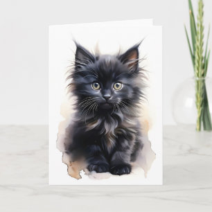 Fluffy Black Long-Haired Cat Watercolor Blank  Card