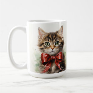 FLUFFY BROWN TABBY KITTEN WITH RED BOW COFFEE MUG