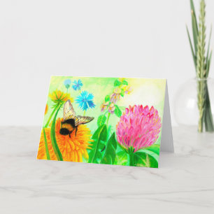 Fluffy Bumblebee on a Dandelion Flower Card