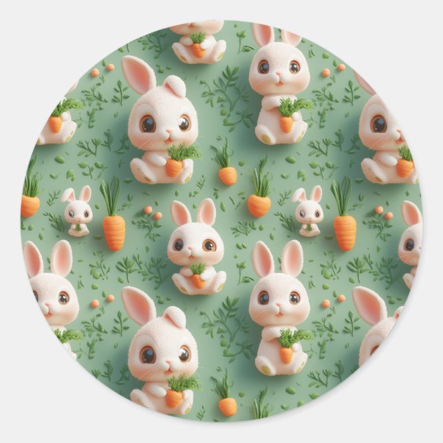 Fluffy Bunnies and Carrots 3D Seamless Pattern Classic Round Sticker (Front)