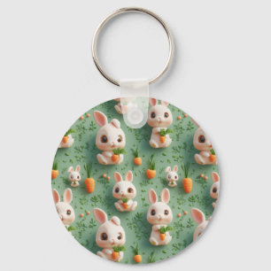 Fluffy Bunnies and Carrots 3D Seamless Pattern Key Ring