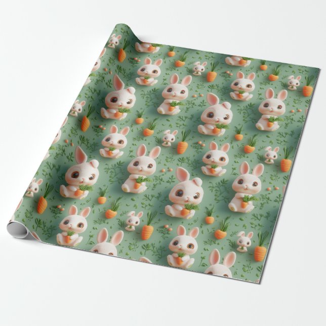 Fluffy Bunnies and Carrots 3D Seamless Pattern Wrapping Paper (Unrolled)
