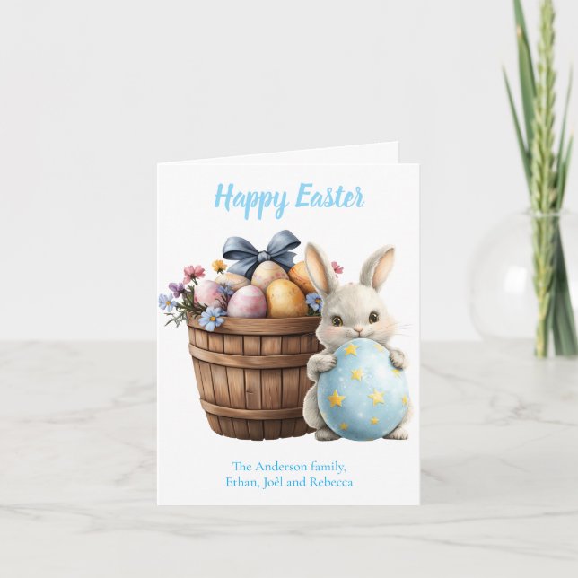 Fluffy Bunny Watercolor Plants Eggs Easter  Holiday Card (Front)