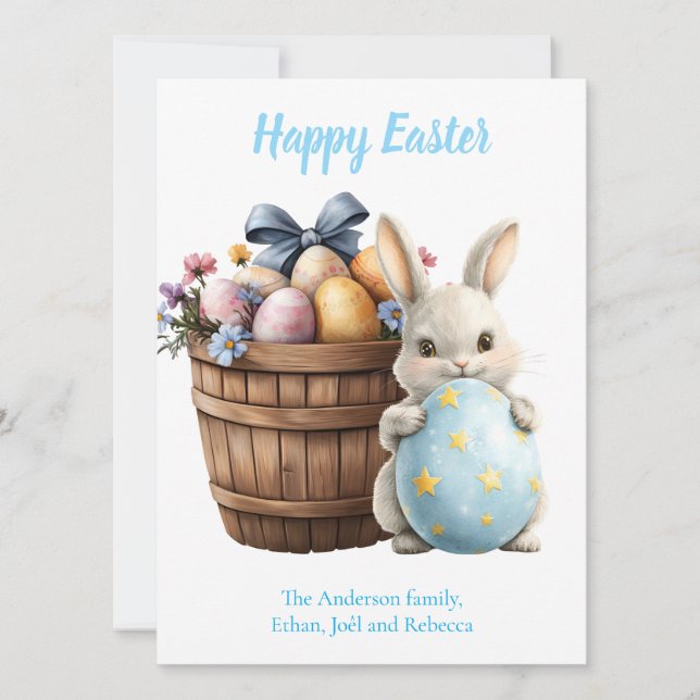 Fluffy Bunny Watercolor Plants Eggs Easter  Holiday Card (Front)