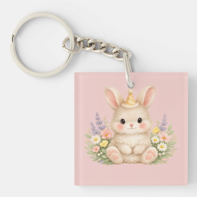 Fluffy Bunny Wildflower Design for Charming Garden Key Ring (Front)