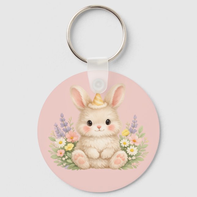 Fluffy Bunny Wildflower Design for Charming Garden Key Ring (Front)