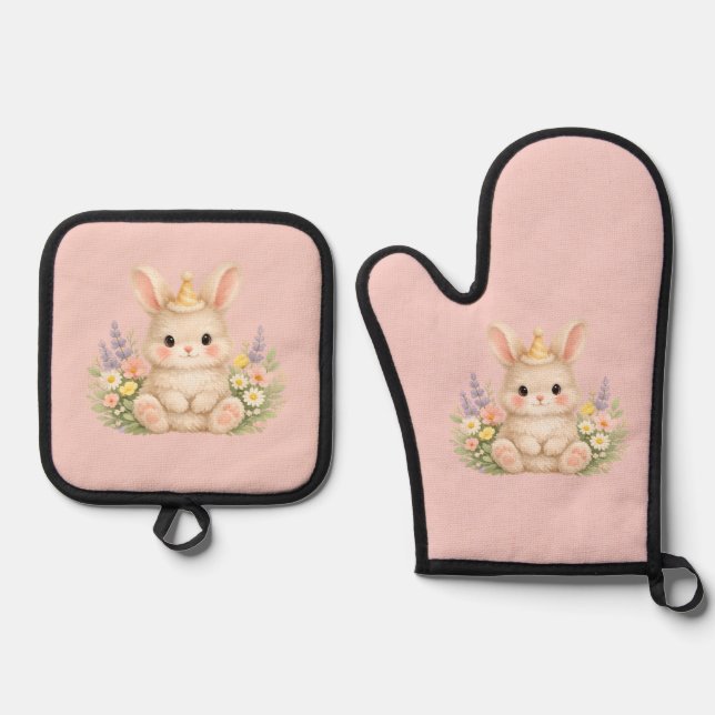 Fluffy Bunny Wildflower Design for Charming Garden Oven Mitt & Pot Holder Set (Front)