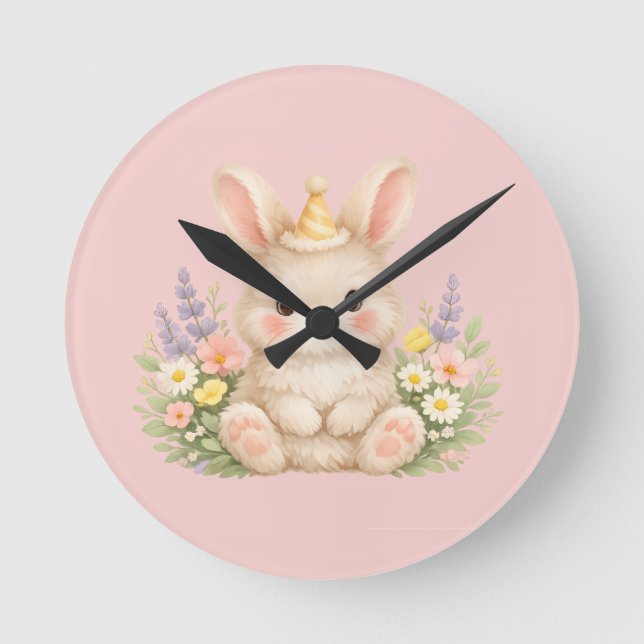 Fluffy Bunny Wildflower Design for Charming Garden Round Clock (Front)