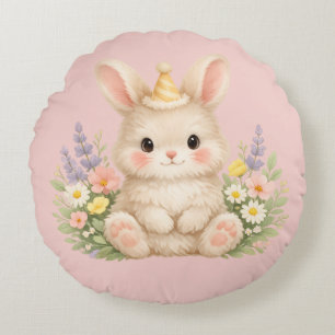 Fluffy Bunny Wildflower Design for Charming Garden Round Cushion
