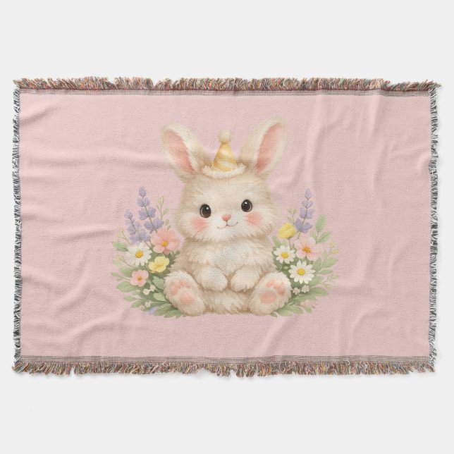 Fluffy Bunny Wildflower Design for Charming Garden Throw Blanket (Front)