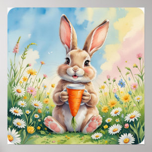 Fluffy & Caffeinated – Spring Bunny Coffee Scene Poster