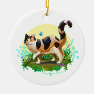 Fluffy Calico Cat with Butterfly Ceramic Tree Decoration