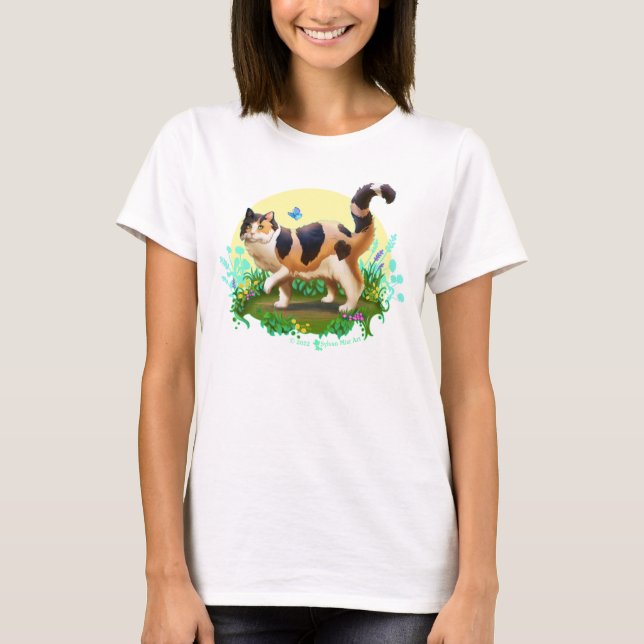 Fluffy Calico Cat with Butterfly T-Shirt (Front)