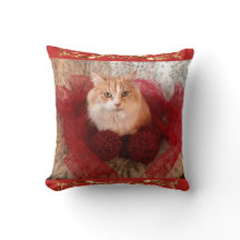 Fluffy Cat and Red Ribbon Throw Pillow