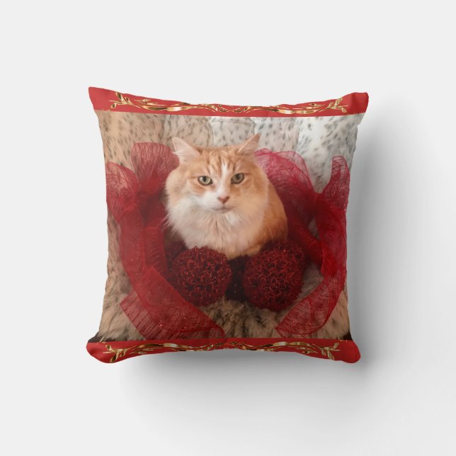 Fluffy Cat and Red Ribbon Throw Pillow (Front)