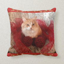 Fluffy Cat and Red Ribbon Throw Pillow