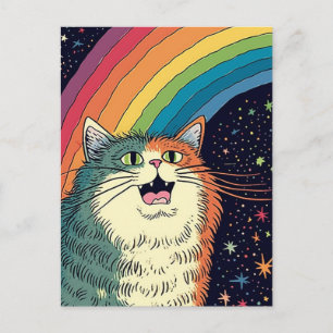 Fluffy Cat in Space With Rainbow Postcard
