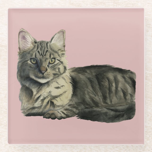 Fluffy Cat Watercolor Painting Glass Coaster (Front)
