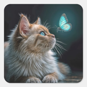 Fluffy Cat With a Glowing Neon Butterfly Square Sticker