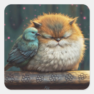 Fluffy cat with bird friend illustration square sticker