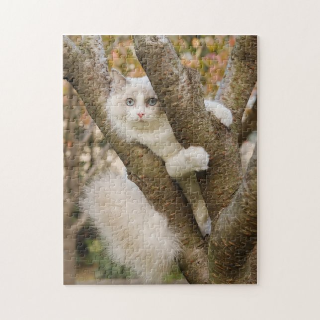 Fluffy Cat with Blue Eyes in a Tree Jigsaw Puzzle (Vertical)