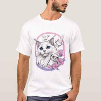 Fluffy Cat with Ferret and Cockatoos T-Shirt
