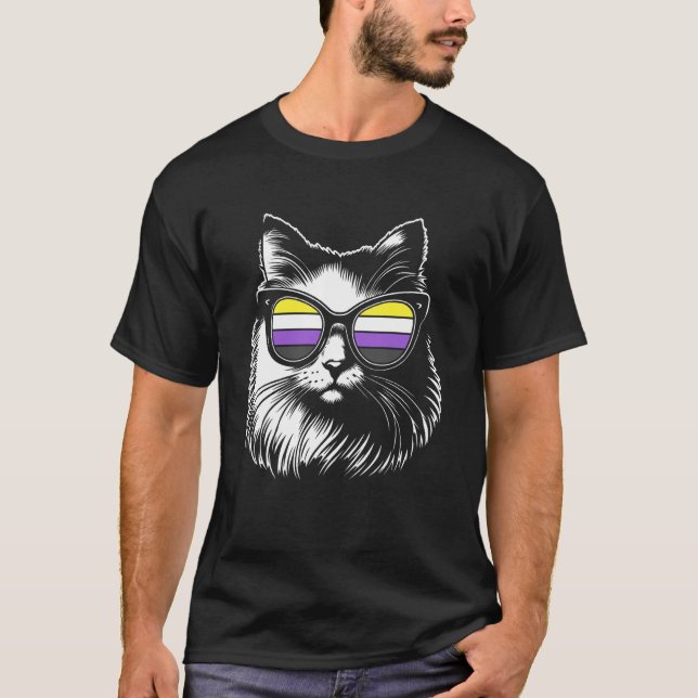 Fluffy Cat with Nonbinary Pride Glasses Funny Enby T-Shirt (Front)