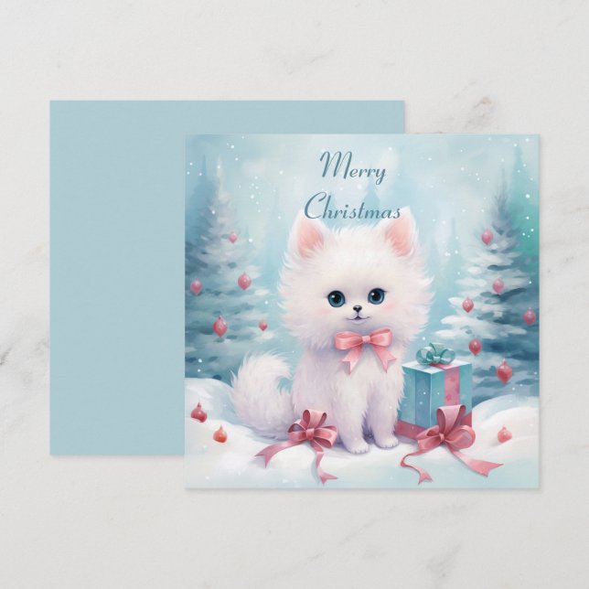 Fluffy Cat with Pink Bow Holiday Card (Front/Back)