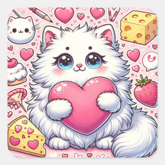 Fluffy Cat's Valentine Heart Embrace Square Sticker
