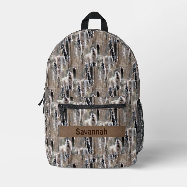Fluffy Cattails Nature Pattern Personalised Printed Backpack (Front)