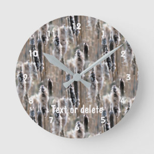 Fluffy Cattails Nature Pattern Personalised Round Clock