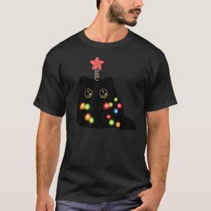 Fluffy Christmas Black Cat Santa Hat Xmas Lights T-Shirt
