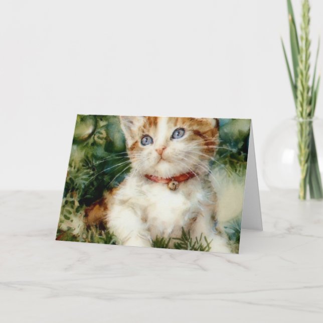 Fluffy christmas cat Watercolor Card (Front)