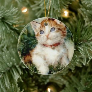 Fluffy christmas cat Watercolor Ceramic Tree Decoration