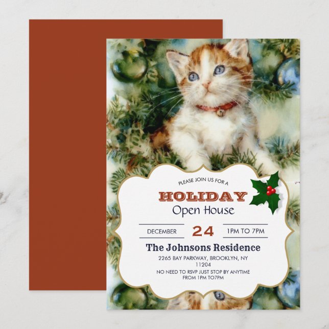 Fluffy christmas cat Watercolor           Invitation (Front/Back)