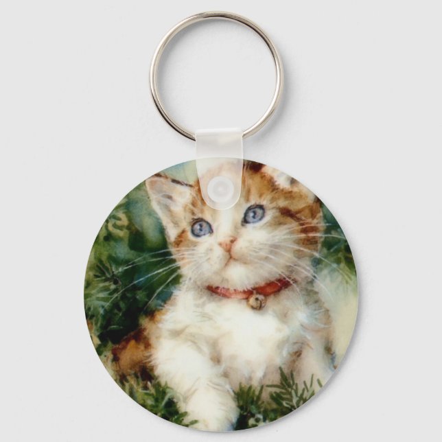 Fluffy christmas cat Watercolor Key Ring (Front)