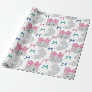 Fluffy Christmas Cat with Pink bow Wrapping Paper