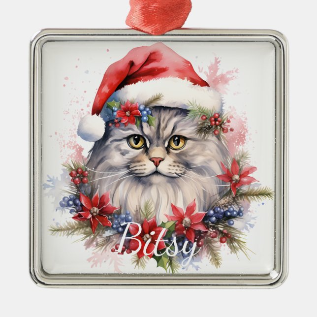 FLUFFY CHRISTMAS HOLIDAY CAT FACE METAL TREE DECORATION (Front)
