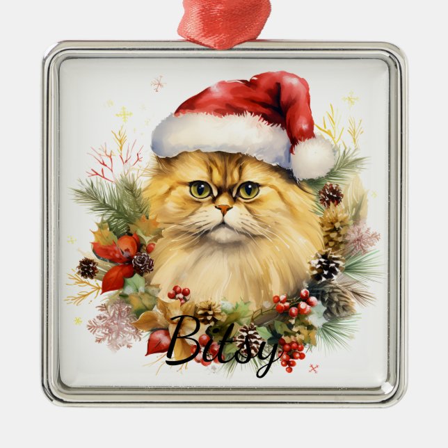 FLUFFY CHRISTMAS HOLIDAY CAT FACE METAL TREE DECORATION (Front)