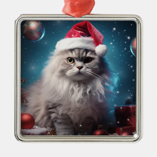 FLUFFY CHRISTMAS HOLIDAY SILVER PERSIAN CAT METAL TREE DECORATION (Front)