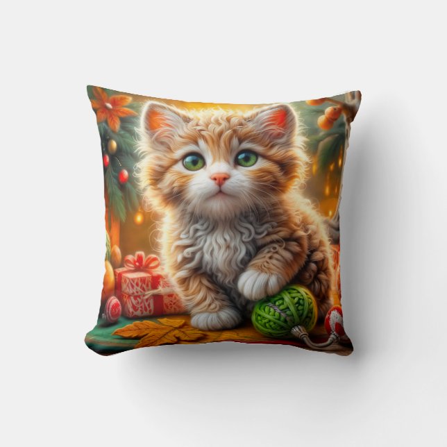 Fluffy Christmas Kitten Throw Pillow (Front)