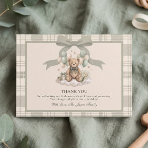 Fluffy Cloud Teddy Bear Tartan Sage Green Bow Thank You Card